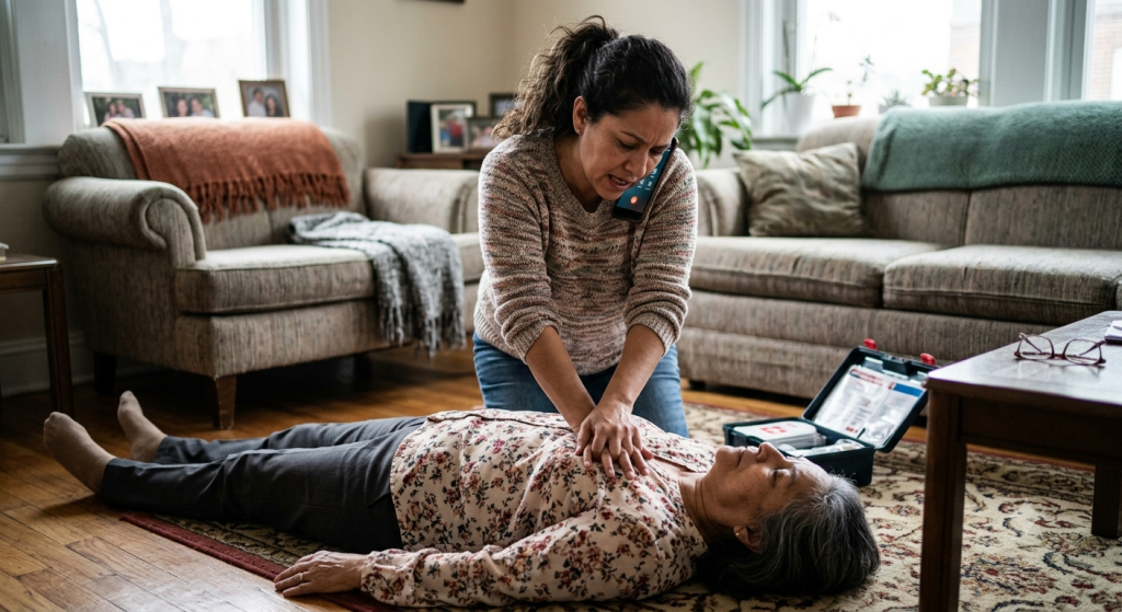 Caregiver giving CPR to mother